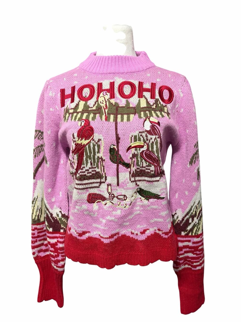 Farm Rio Macaw From Rio Knit Sweater Small Pink Parrot Holiday Wool Blend NWT